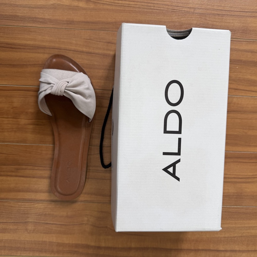 ALDO Enroelia-32 Sandals Womens Size 6.5 Beige Bow Slide Flat Slip On Comfort